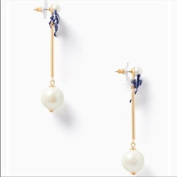 Kate Spade Blue White Buffalo Plaid Pretty Pearly Bow Drop Earrings - Picture 2 of 2